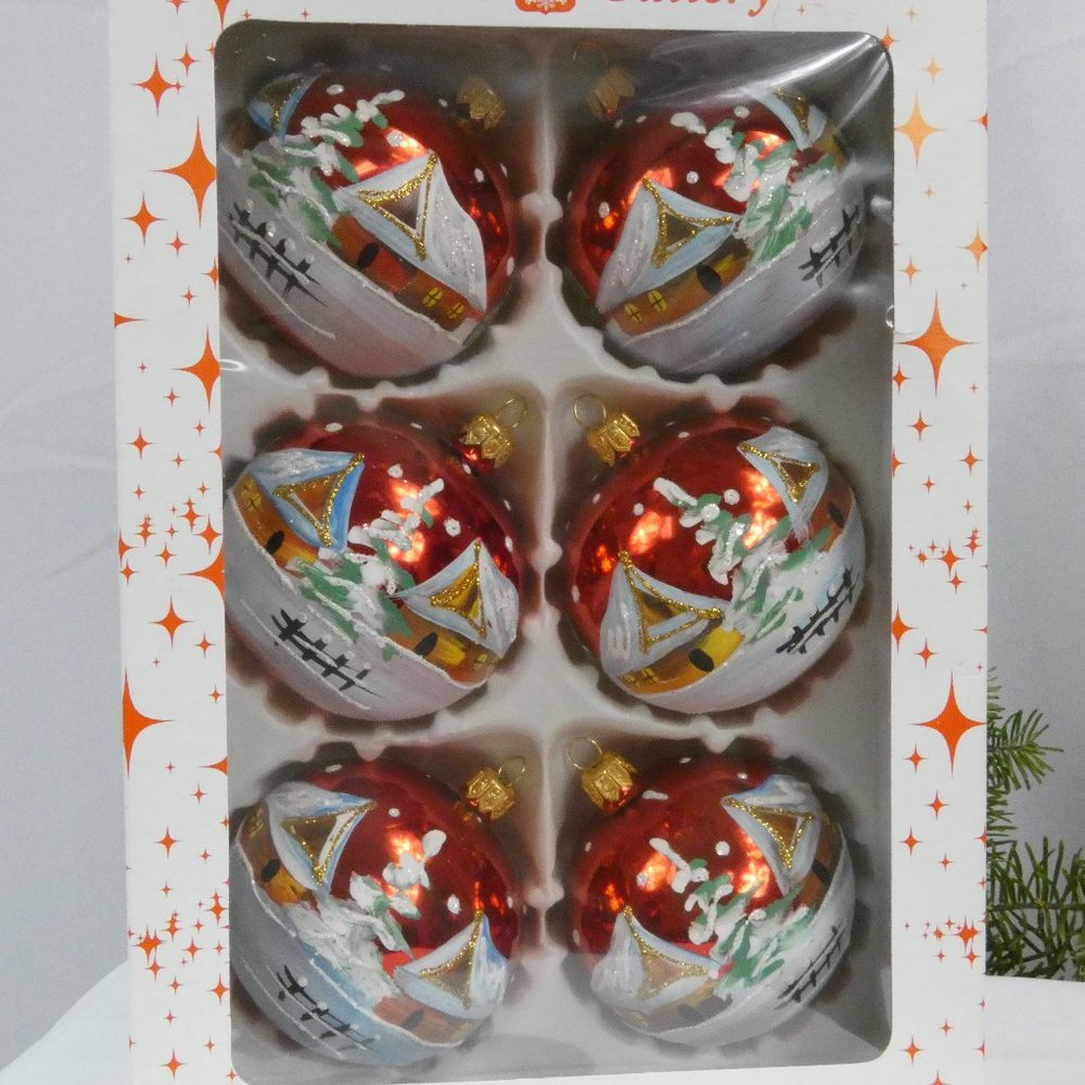 Winter Village Hand Decorated Christmas Ornament 3" Blown Glass Ball**SET OF 6**